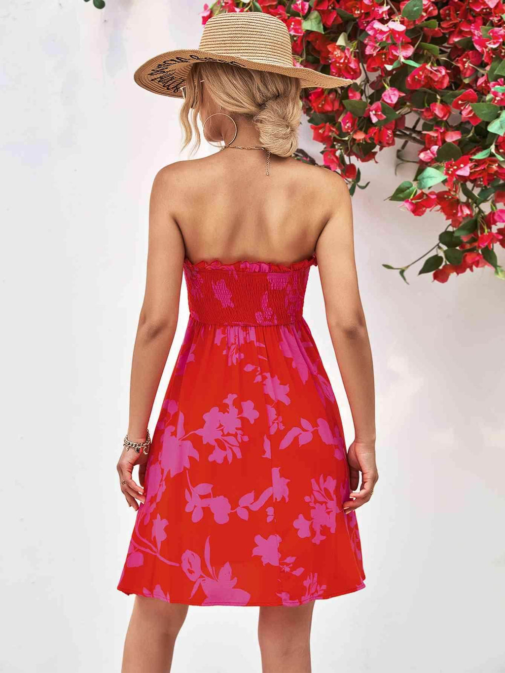 Floral Frill Trim Strapless Smocked Dress for Women