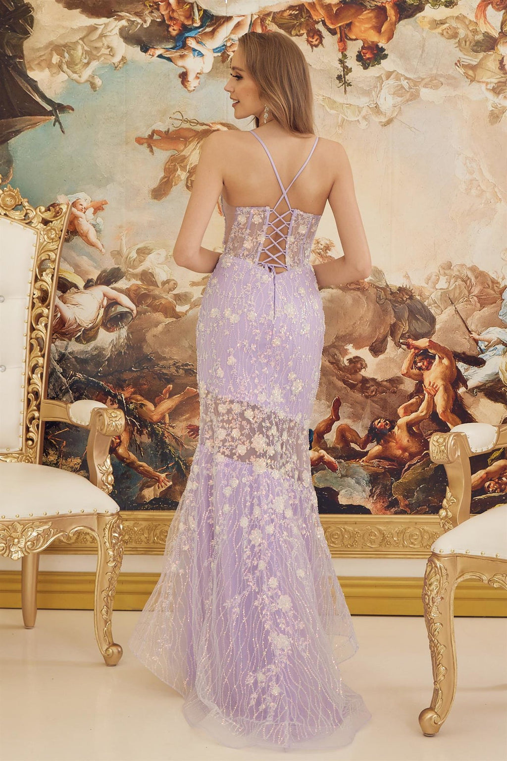 Beads Embellished Long Trumpet Graduation Gown w/ Floral Motif & Plunging Neck NXC1195