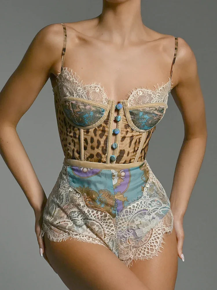 Bonnie Forest Sexy Vintage Lace Trim Bodysuit Women Leopard Print Corset Top Aesthetic Mix Media Patchwork One Piece Outfits