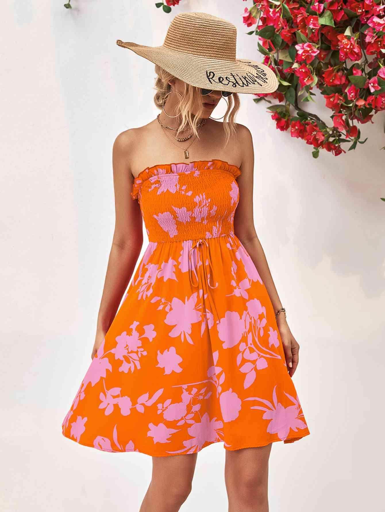 Floral Frill Trim Strapless Smocked Dress for Women