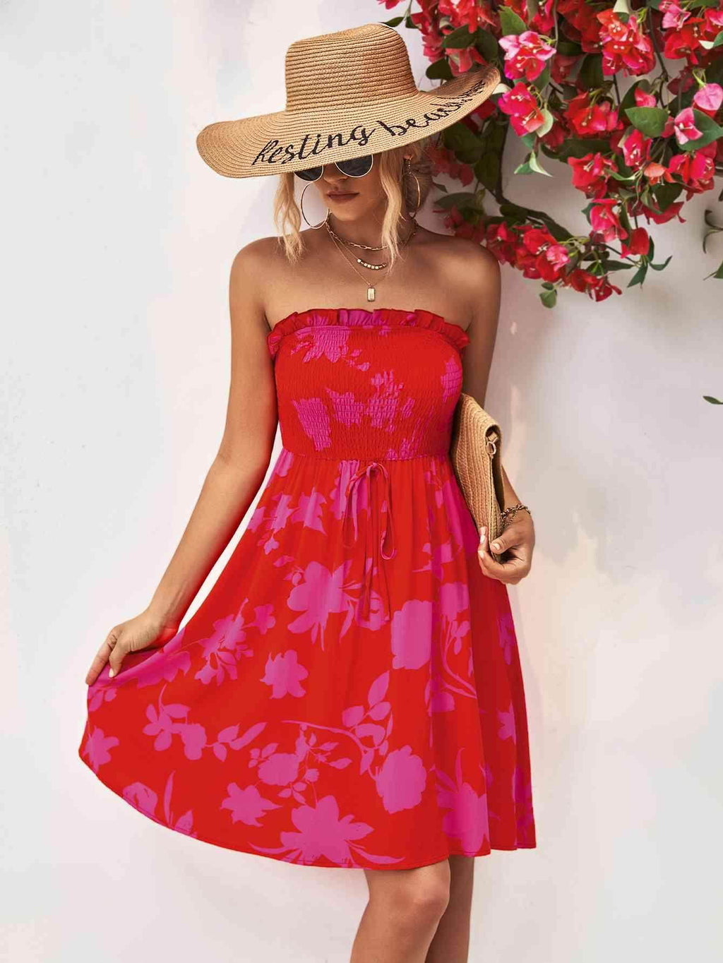 Floral Frill Trim Strapless Smocked Dress for Women