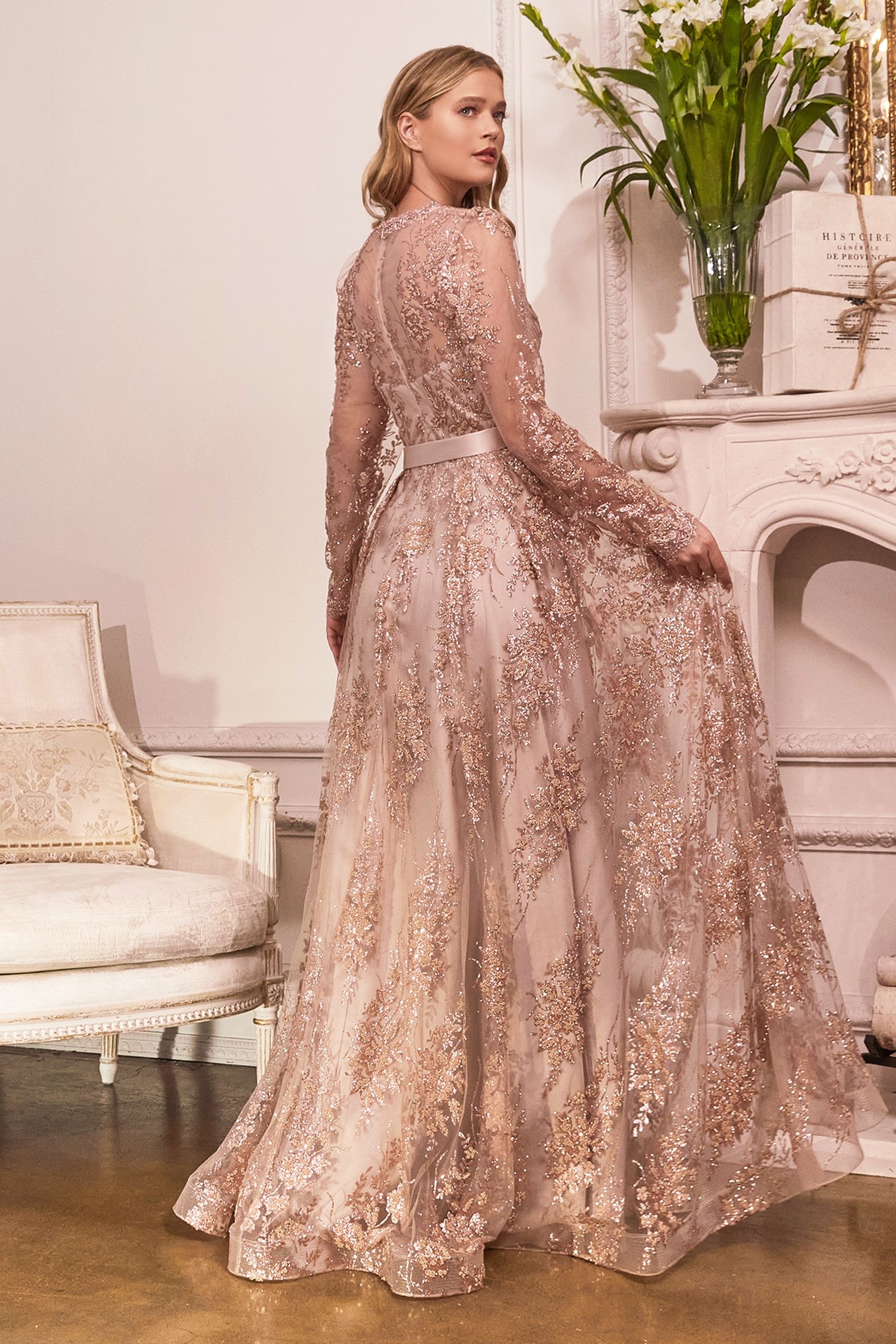 A-Line Long Sleeves Embroidered Lace V-Neck Long Mother Of The Bride Dress CDCD233C