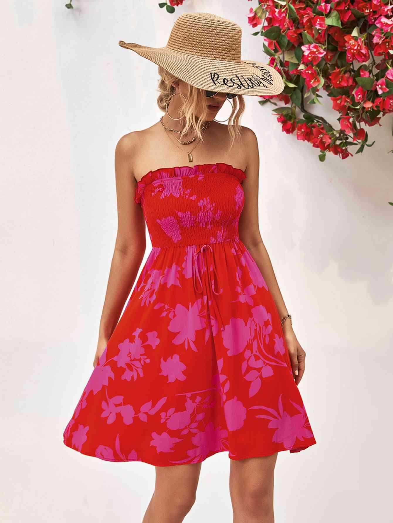 Floral Frill Trim Strapless Smocked Dress for Women