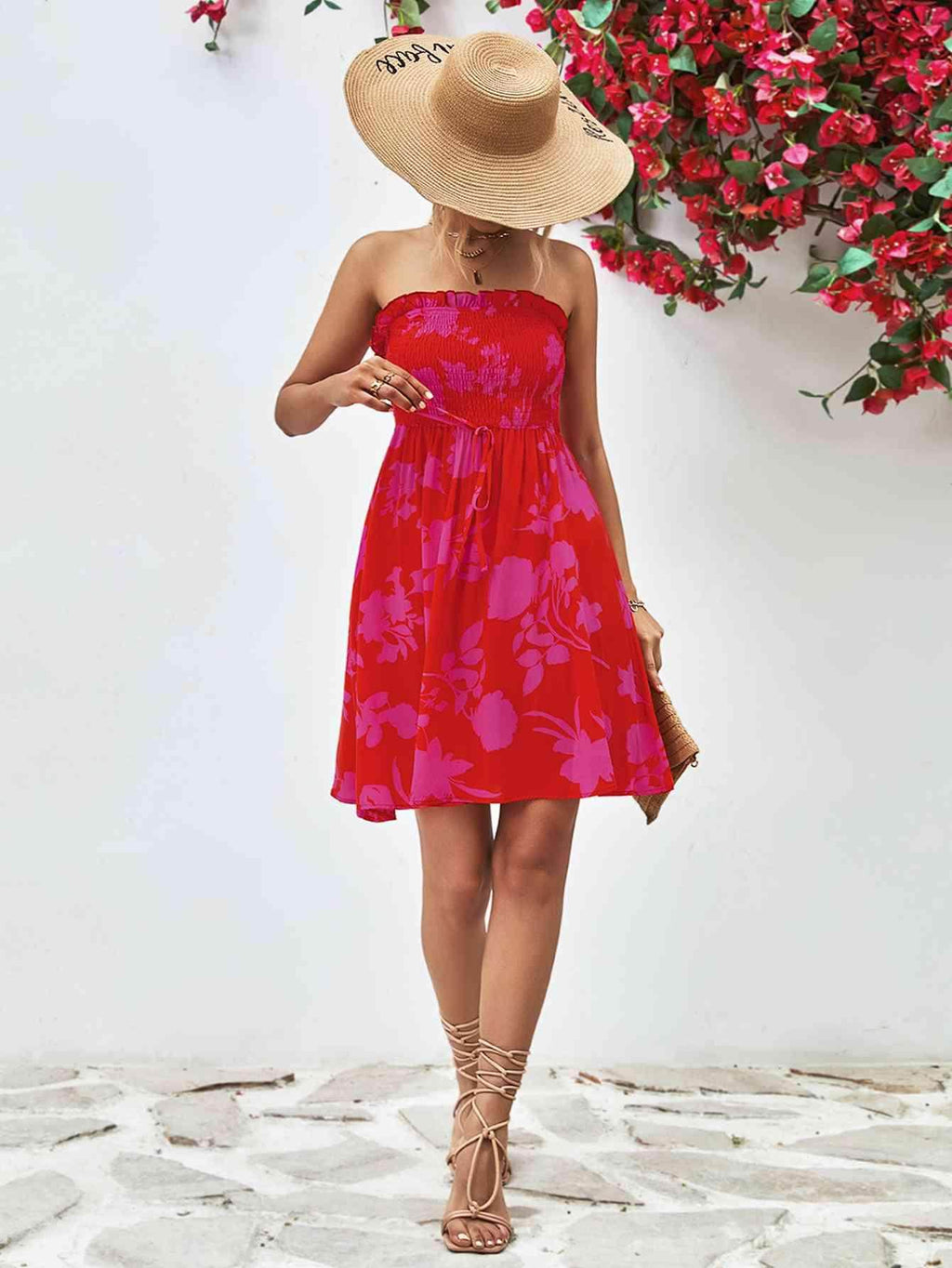 Floral Frill Trim Strapless Smocked Dress for Women