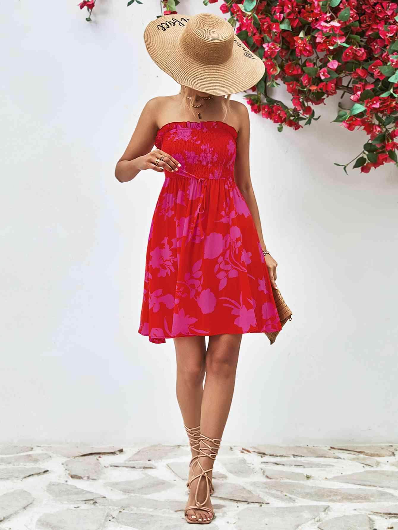 Floral Frill Trim Strapless Smocked Dress for Women